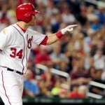 Harper reacts to his purposeful drilling by Julio Teheran on 8/7/13.  Photo HarperBryce hbp Teheran Aug2013 Evan Habeeb-USA TODAY Sports